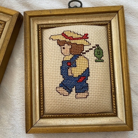 Vintage Finished Wooden Framed Embroidered Cross Stitch Girl Camping Set of Two - Picture 3 of 7